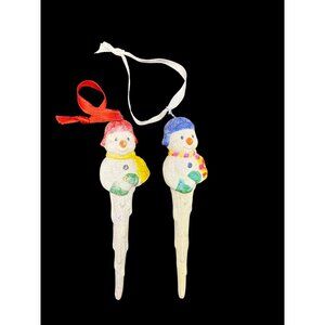 Vintage Set of 2 Snowman Icicle Ornaments With Glitter & Red/Blue Hats 5.5”